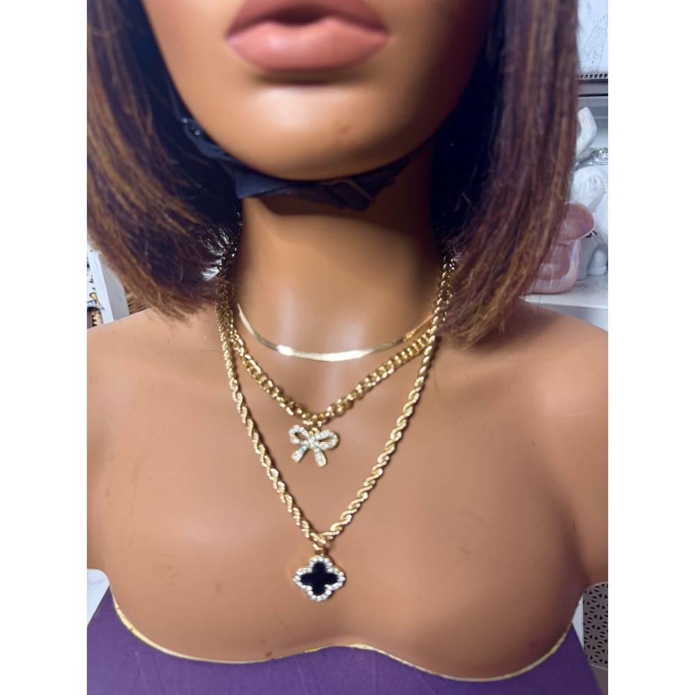 Black Clover Rhinestone Necklace Bow Gold Layered Lucky Charm Mothers Day Gift - Picture 2 of 3